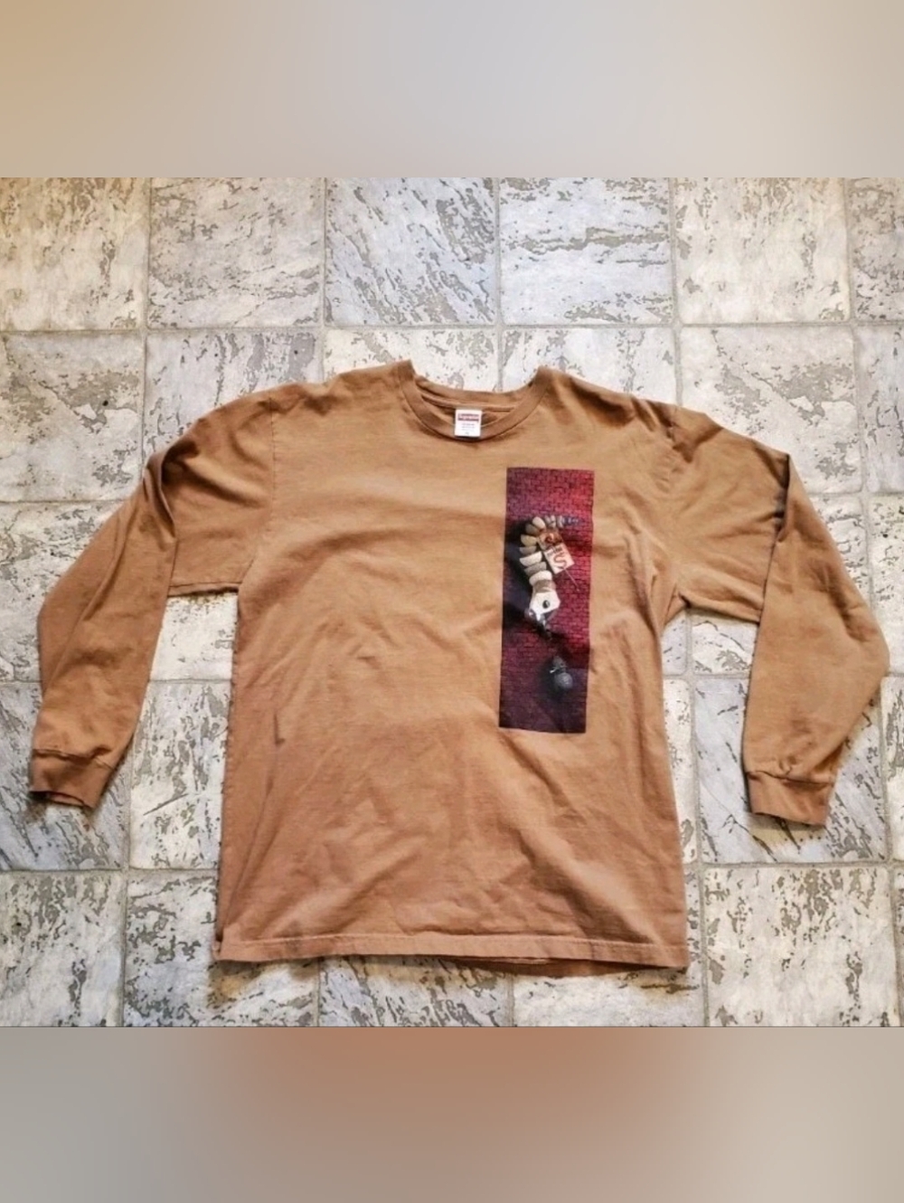Supreme Brown Long Sleeve Graphic Tee with Vertical Print